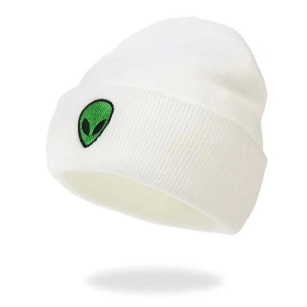 Embroidered Alien Beanie White